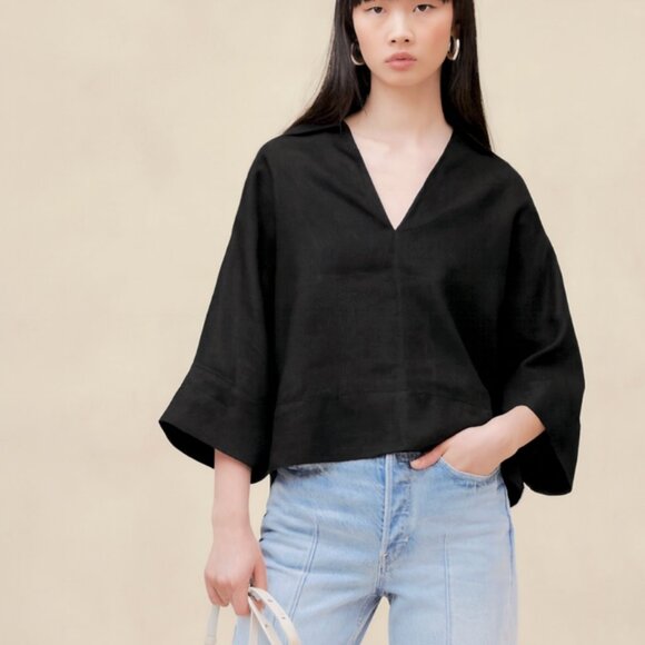 Banana Republic Womens XS Petite Black Cropped 100%Linen Top Quarter Sleeve Boho - Picture 1 of 9